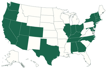 Map of United States with states where employees live are shaded green; others are unshaded