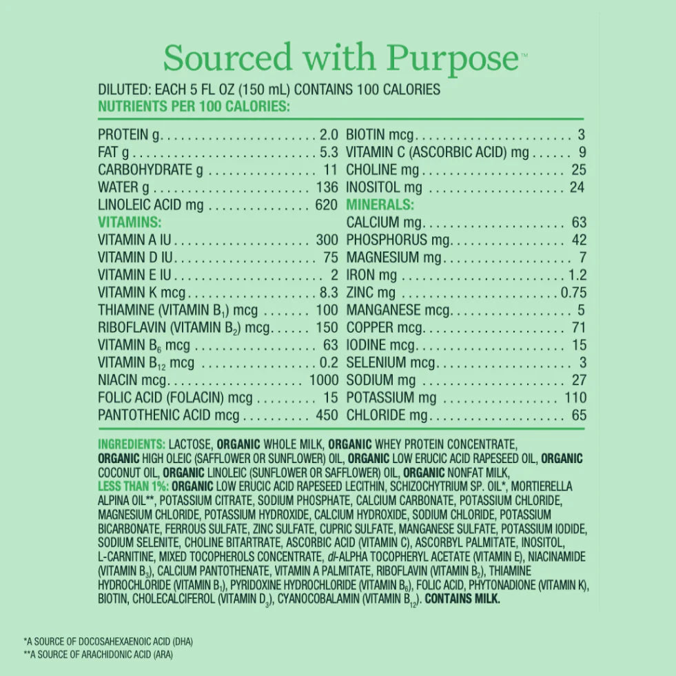 Nutritional label for Bobbie Whole Milk Baby Formula with ingredients and nutritional information on a green background