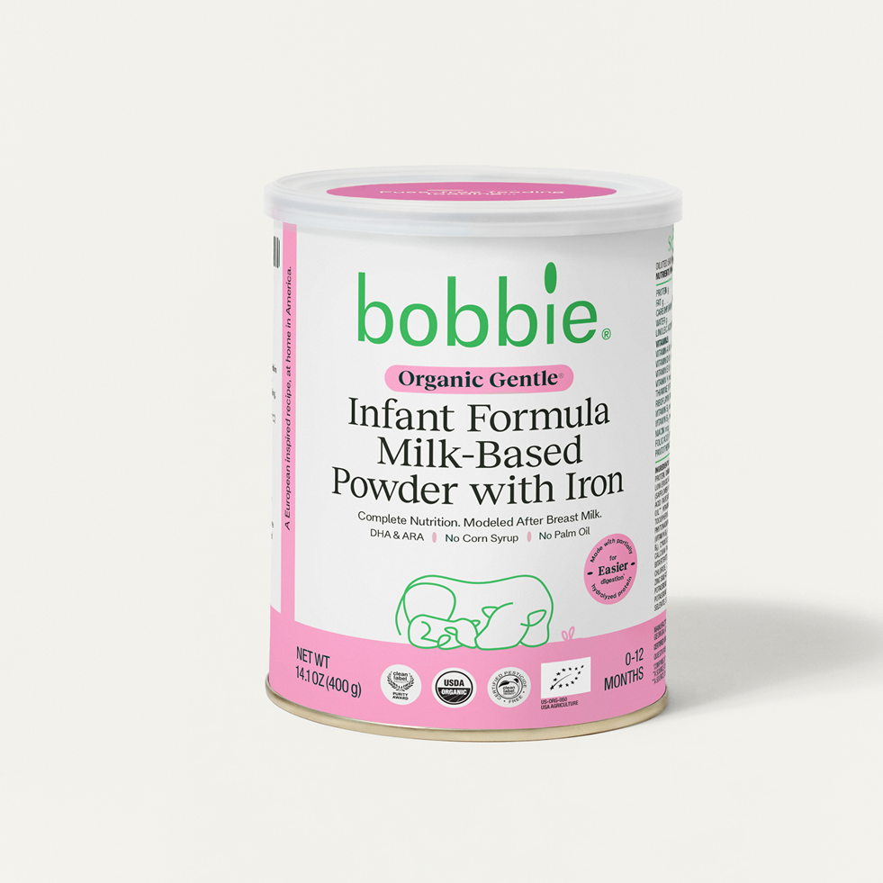 A can of bobbie Organic Gentle Infant Formula Milk-Based Powder with Iron, designed for sensitive tummies.
