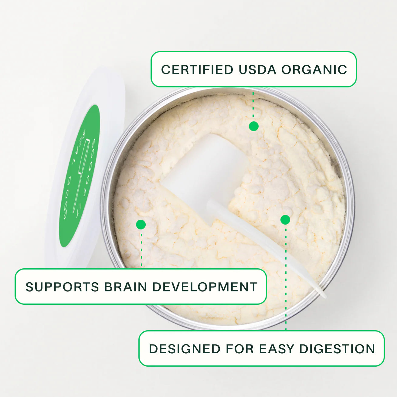Container of organic baby food with text highlighting certifications and benefits