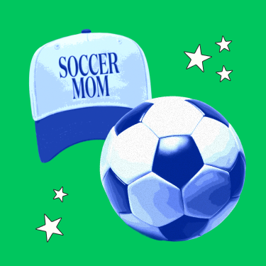Soccer ball and 'Soccer Mom' cap on a green background with stars