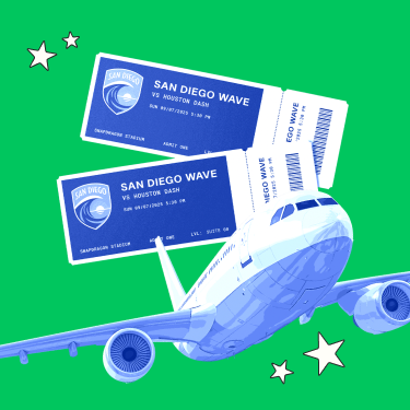 Two blue tickets for 'San Diego Wave' event with an airplane on a green background