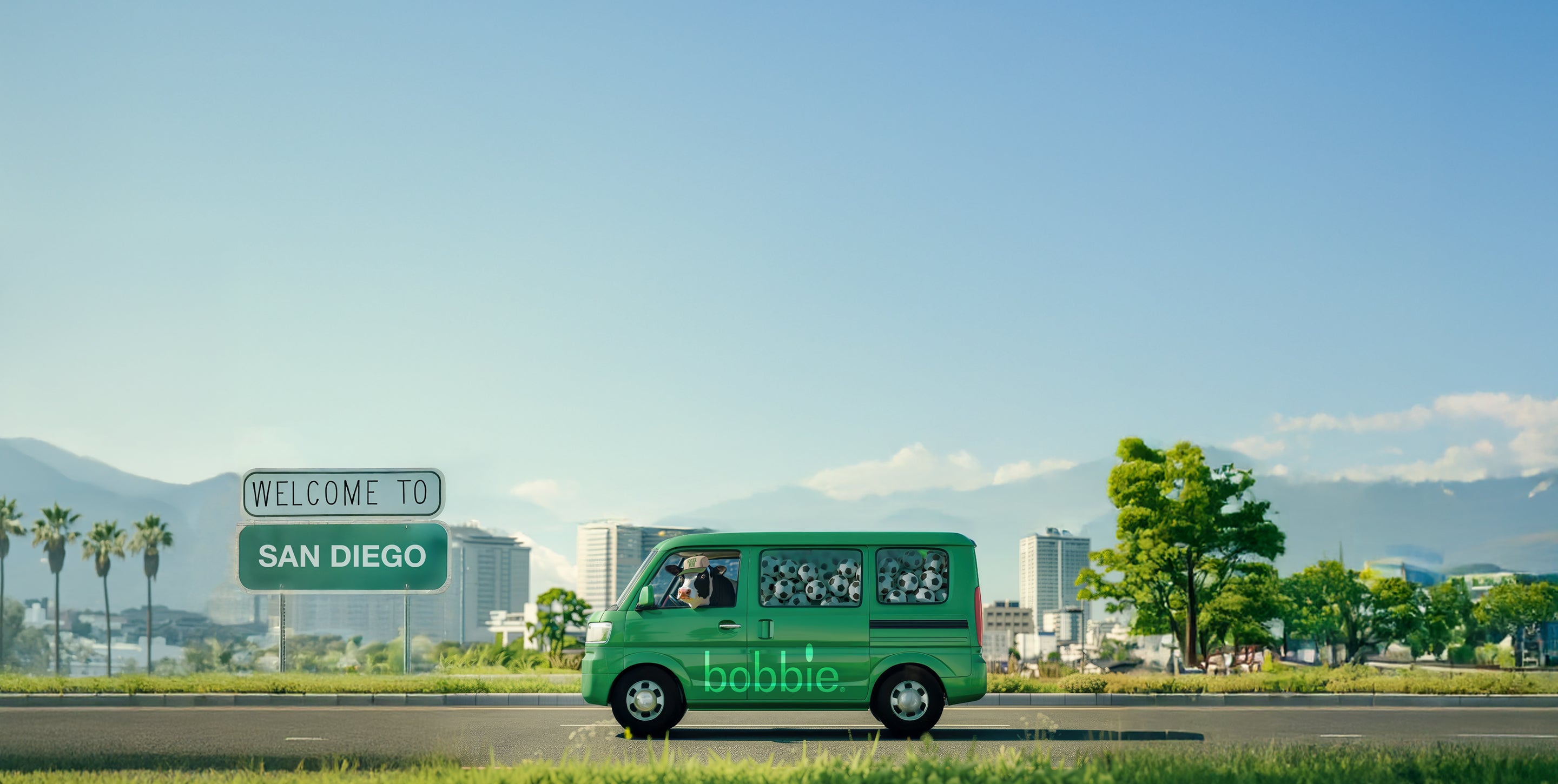 Cow driving a Bobbie car filled with soccer balls