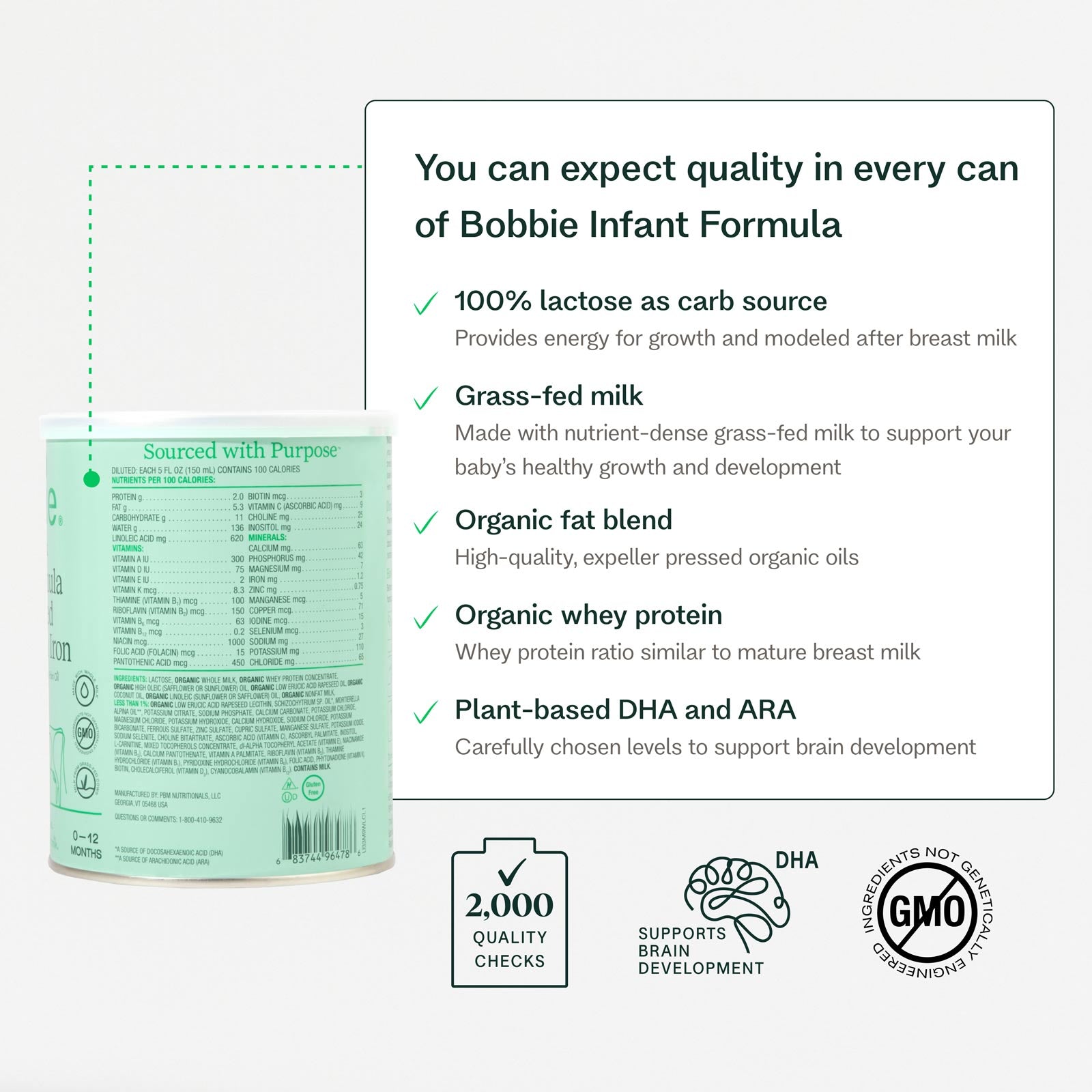 You can expect quality in every can of Bobbie Infant Formula. 100% lactose as carb source, grass-fed milk, organic fat blend, organic whey protein, plant-based DHA and ARA.