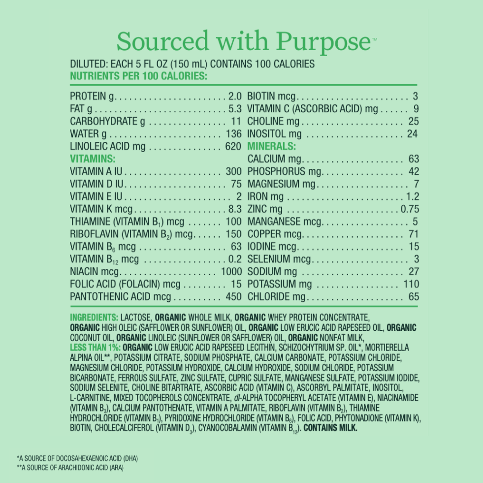 Grass-fed Whole Milk Infant Formula Label