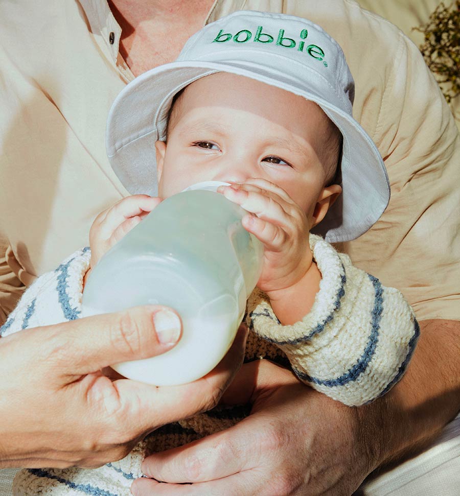 baby wearing Bobbie baby bucket hat