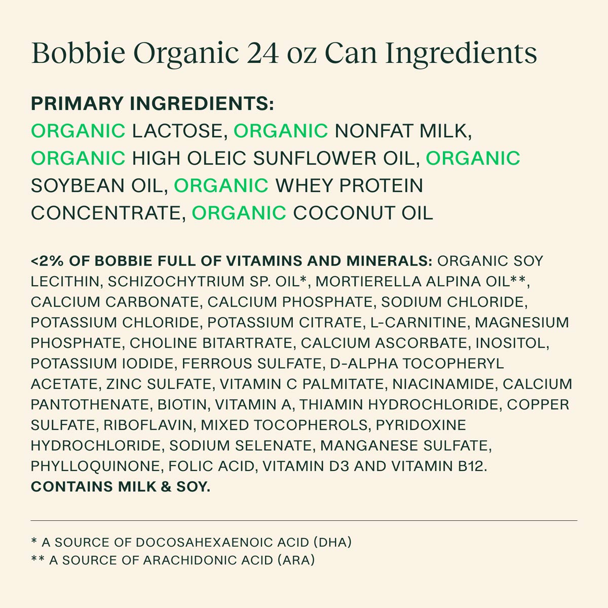 Bobbie Organic 24 oz can ingredients. Primary Ingredients: Organic lactose, organic nonfat milk, organic high oleic sunflower oil, organic soybean oil, organic whey protein concentrate, organic coconut oil