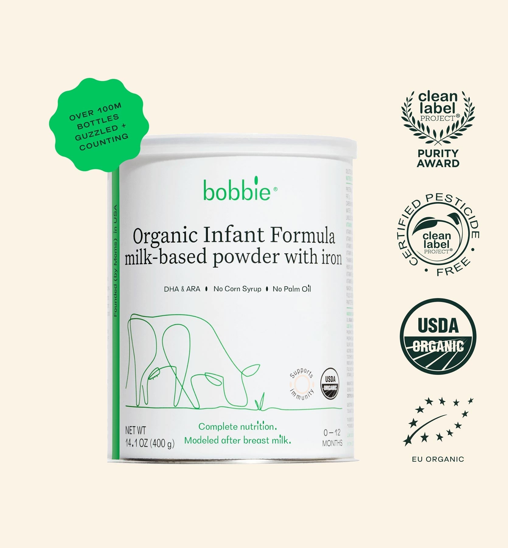 Can of Bobbie Infant Formula with Clean Label Purity and Pesticide Free Badges, as well as USDA and EU Organic labels.