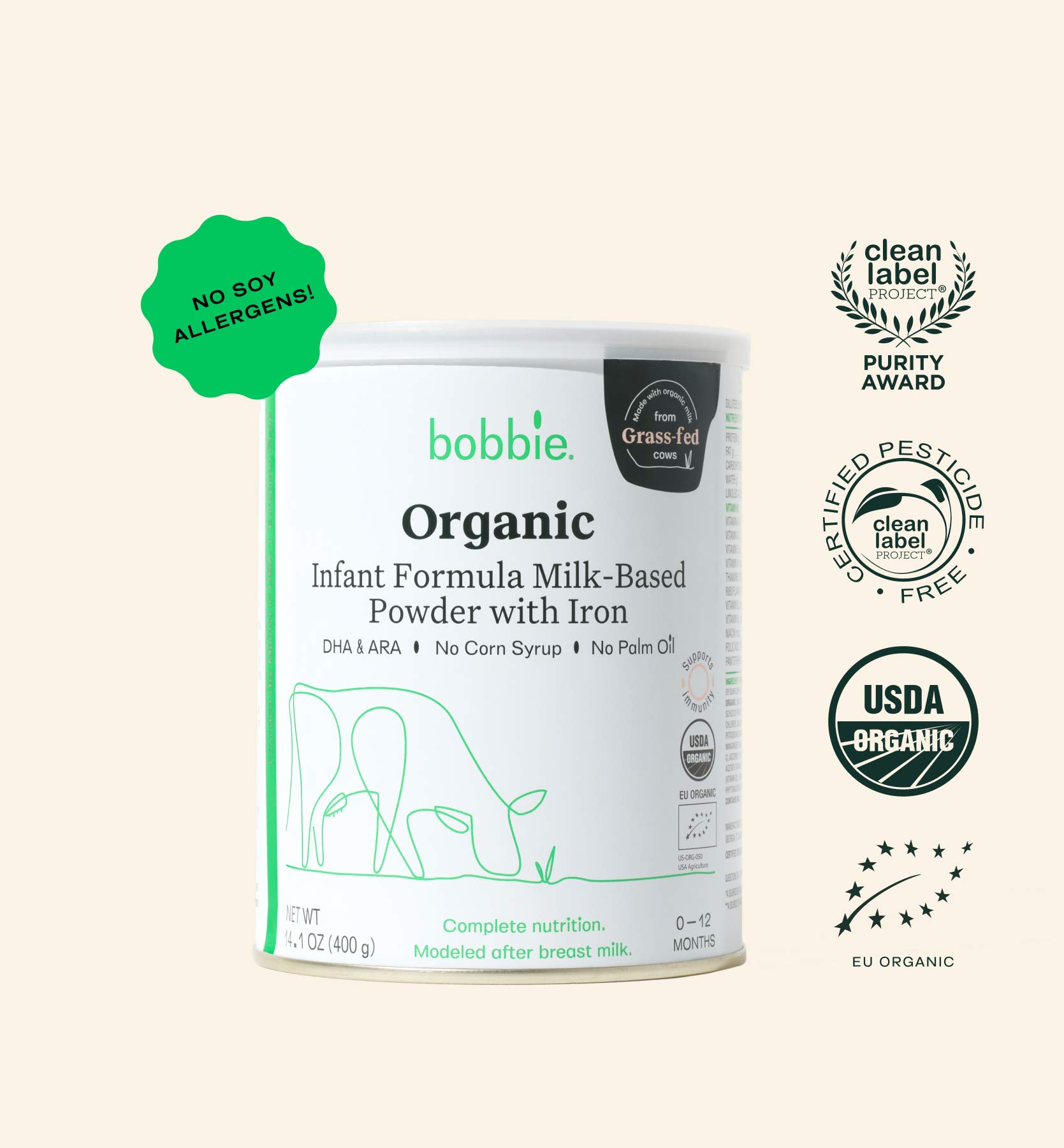 Can of Bobbie Infant Formula with Clean Label Purity and Pesticide Free Badges, as well as USDA and EU Organic labels.